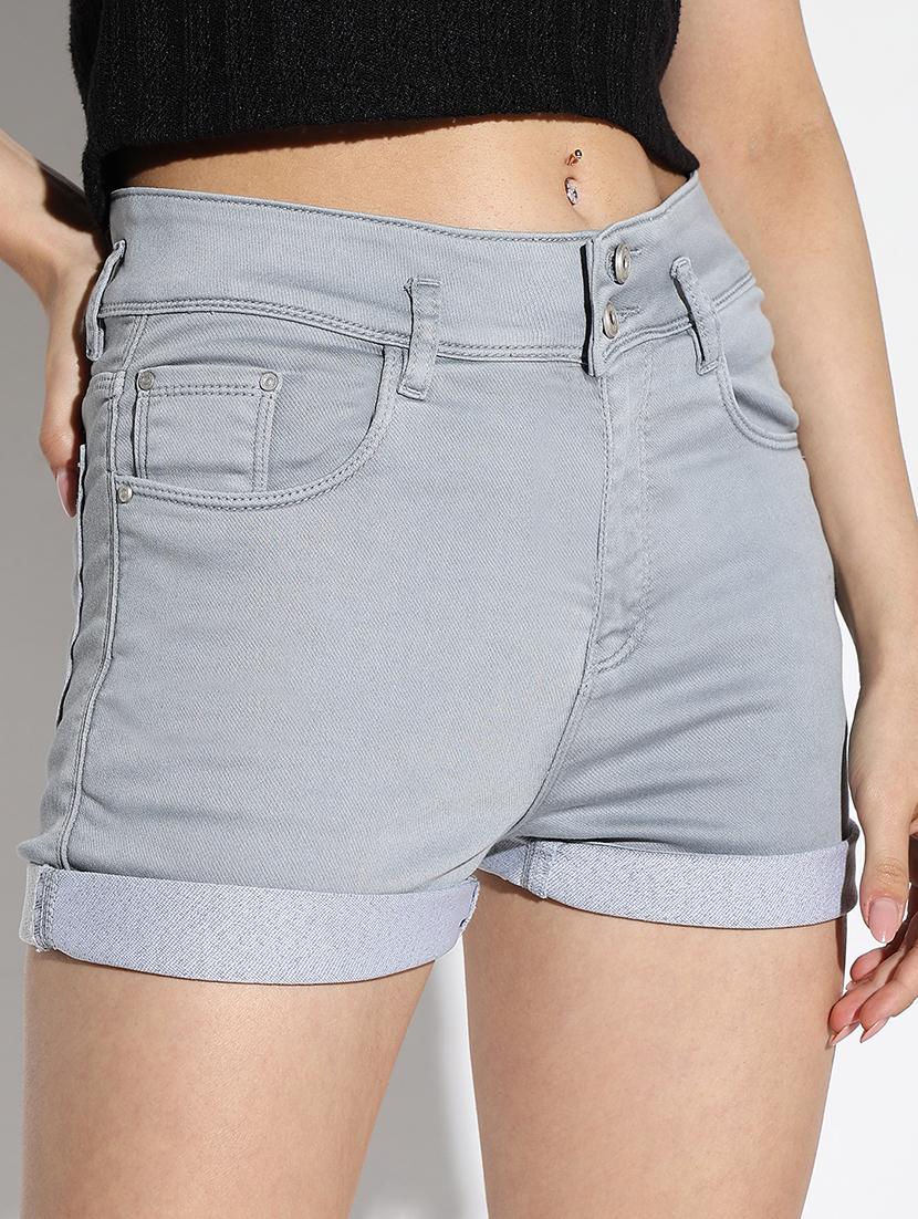 women solid high rise denim shorts - 21562721 - Standard Image - 5