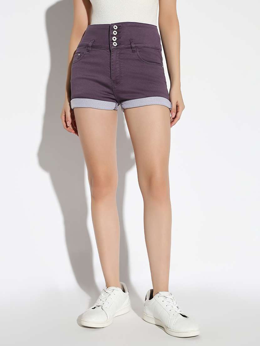 women solid high rise denim shorts - 21562729 - Zoom Image - 0