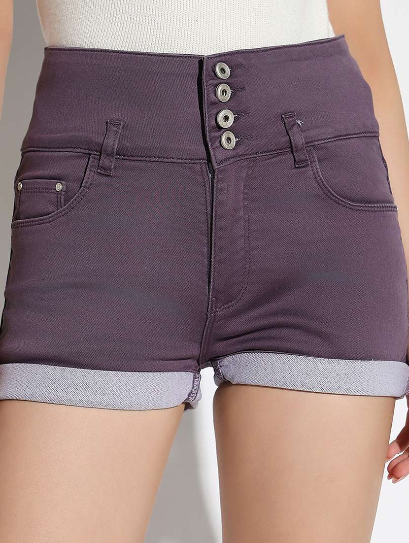 women solid high rise denim shorts - 21562729 - Standard Image - 5