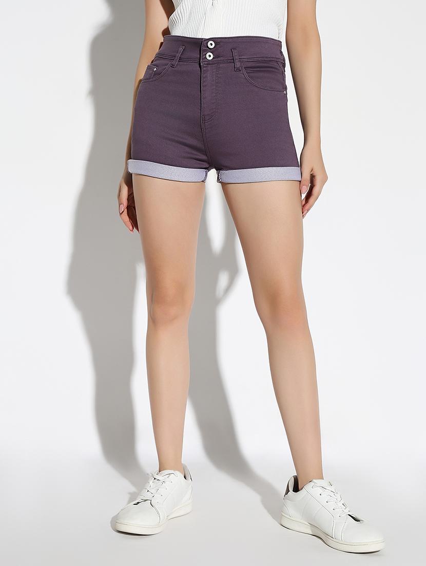 women solid high rise denim shorts