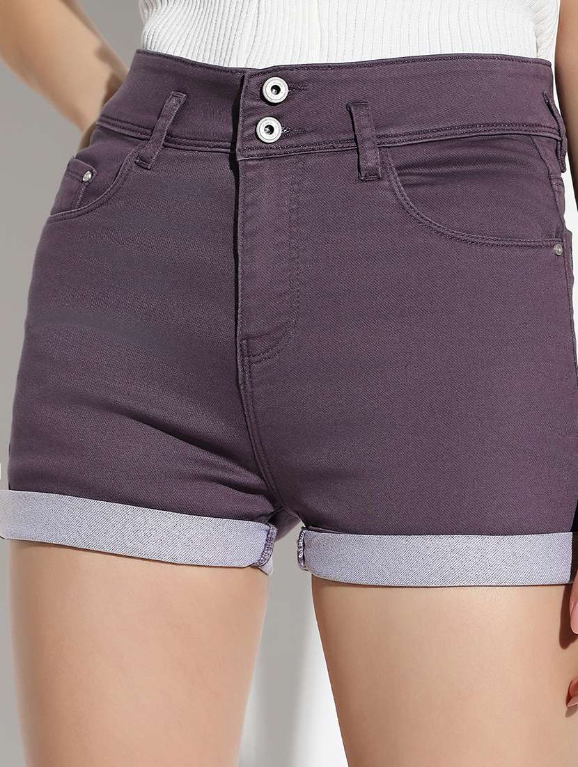 women solid high rise denim shorts - 21562730 - Standard Image - 5