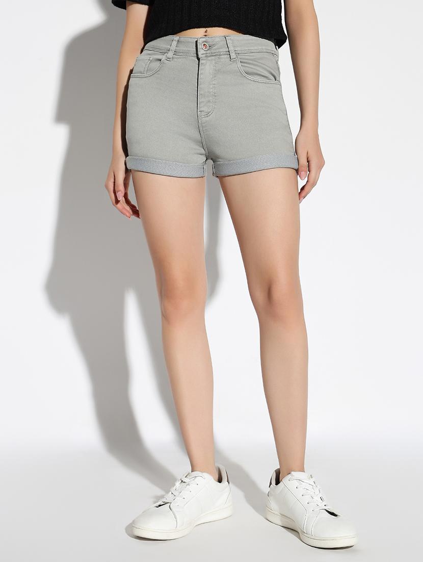 women solid mid rise denim shorts - 21562737 - Zoom Image - 0