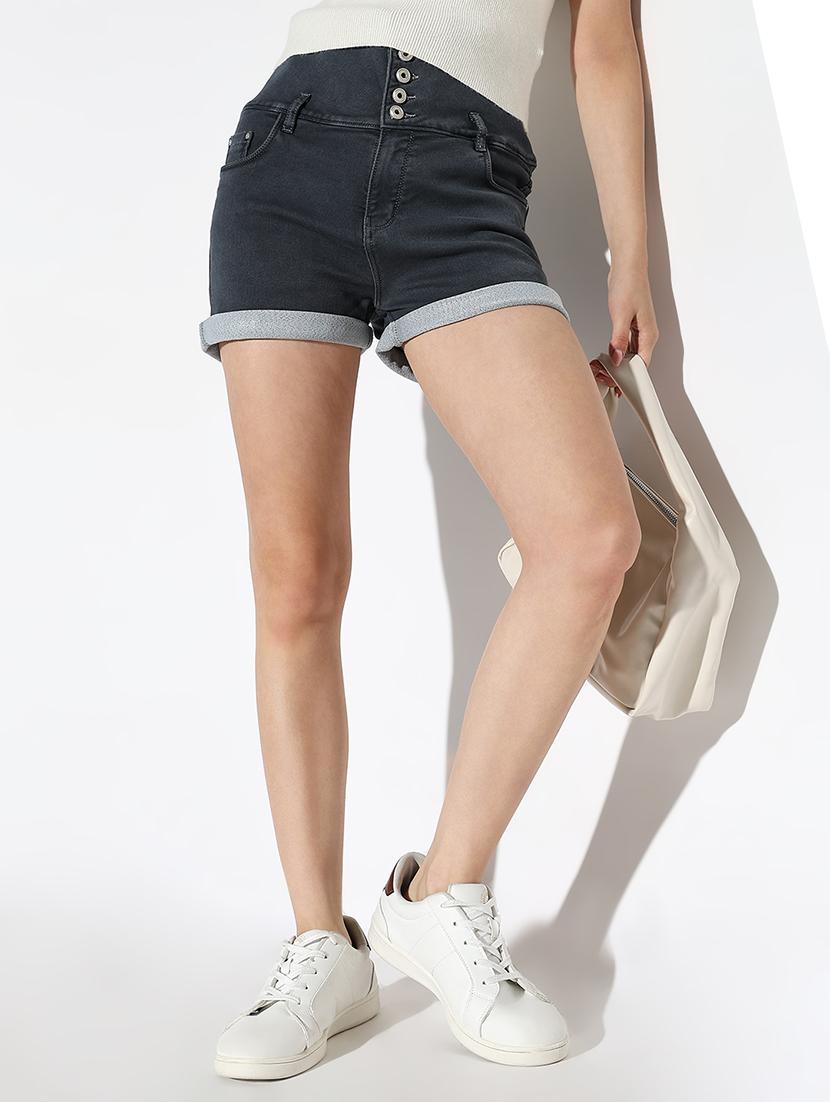 women solid high rise denim shorts - 21562742 - Standard Image - 3