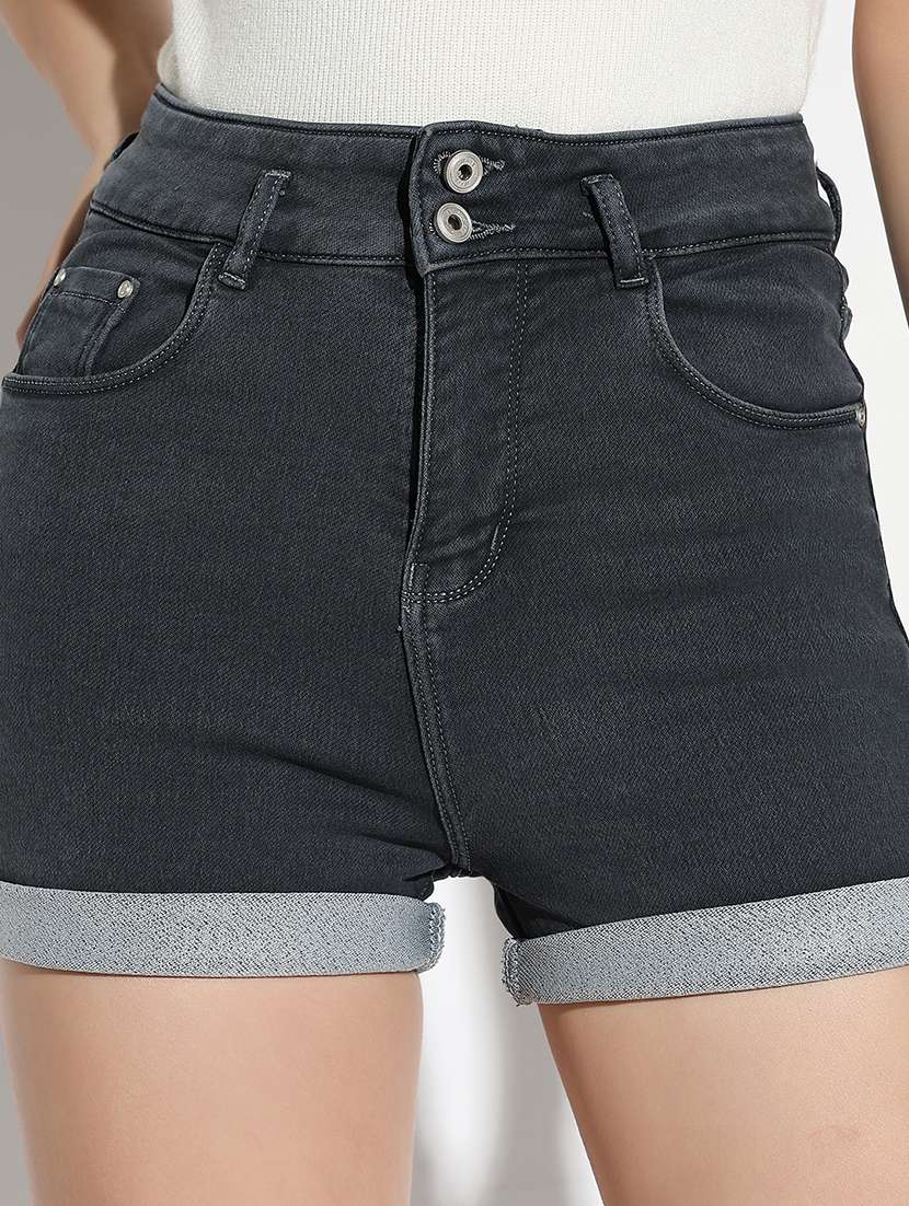 women solid high rise denim shorts - 21562744 - Standard Image - 5