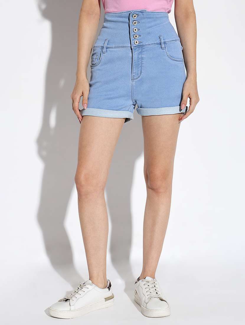 women solid high rise denim shorts - 21562745 -  Zoom Image - 0