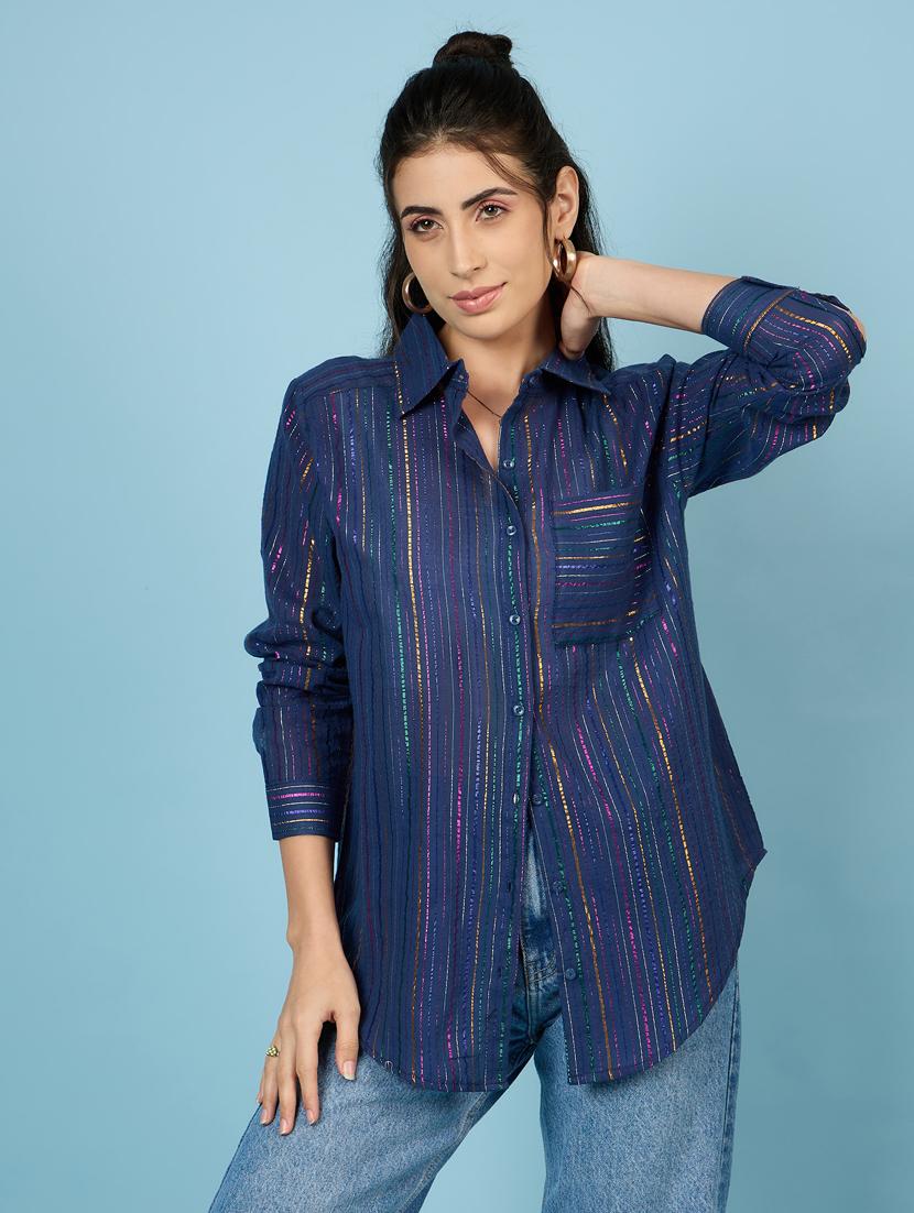 women navy blue stripes oversized shirt - 21563502 -  Zoom Image - 0