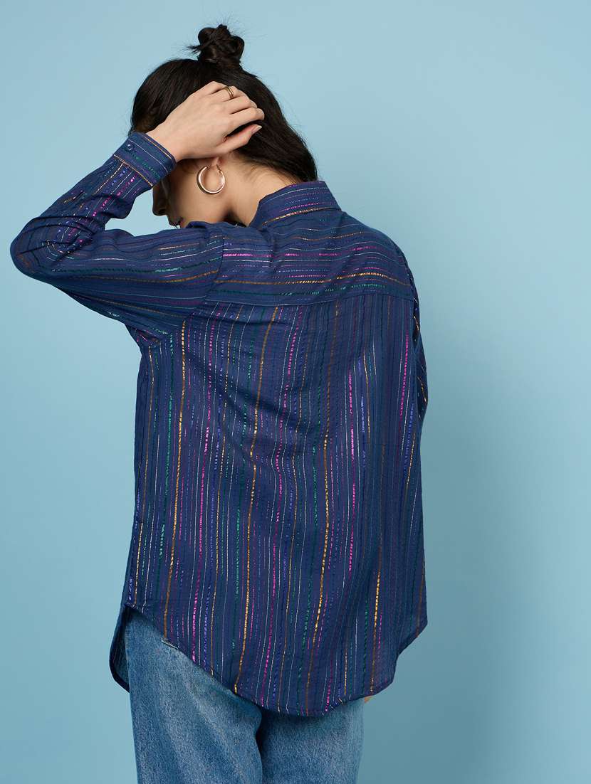women navy blue stripes oversized shirt - 21563502 - Standard Image - 3