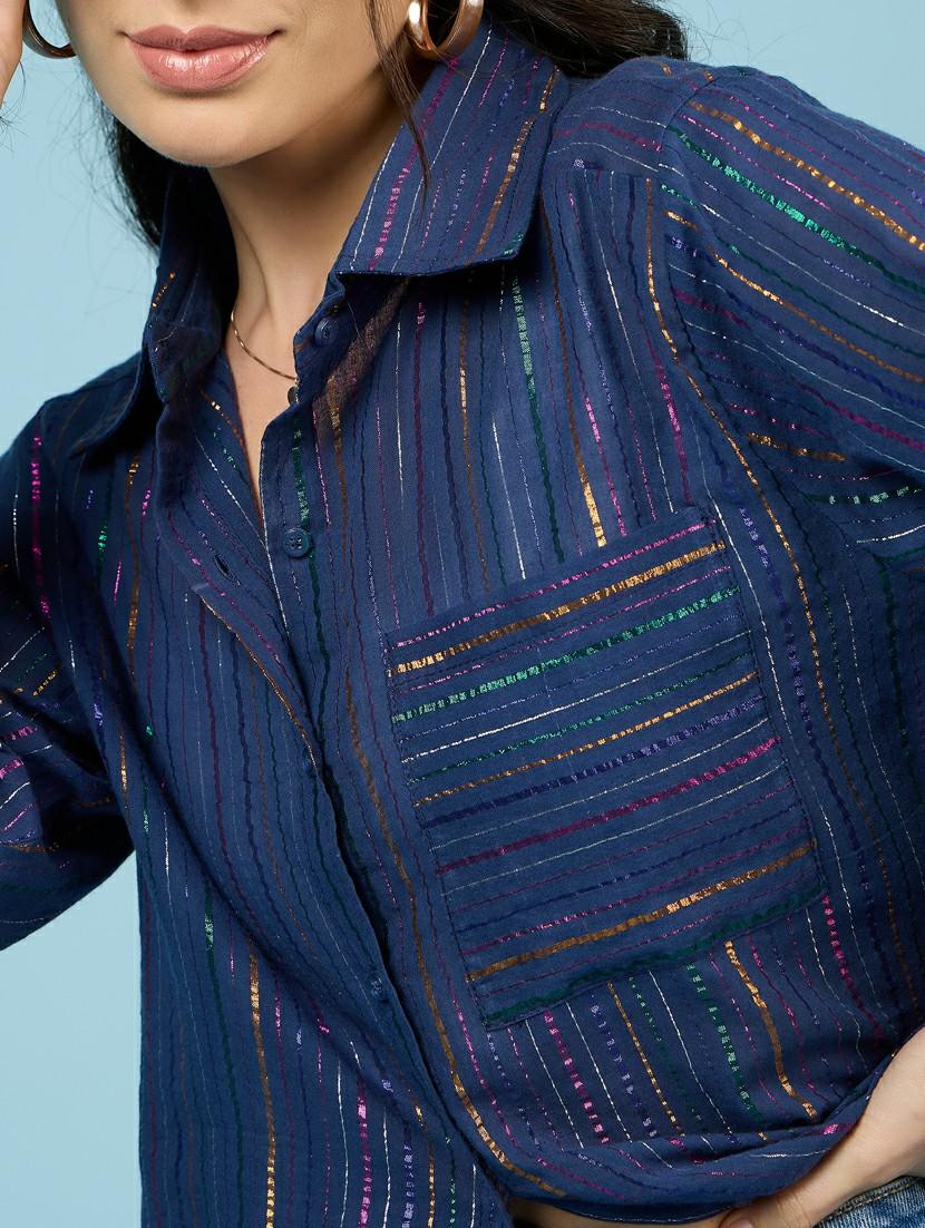 women navy blue stripes oversized shirt - 21563502 - Standard Image - 5