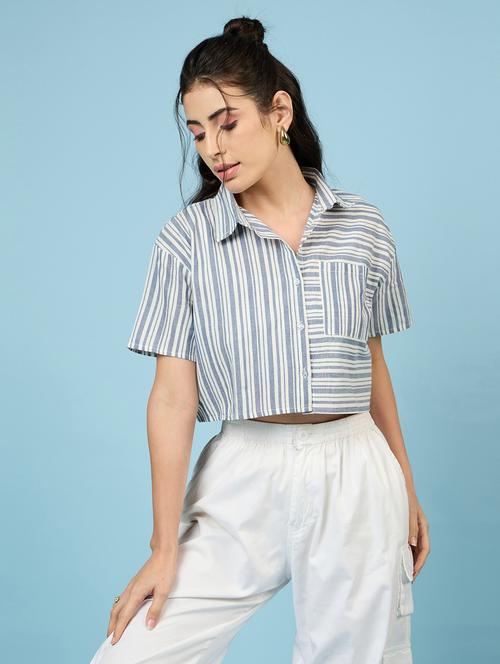 women blue stripes crop shirt - 21563504 - Standard Image - 0