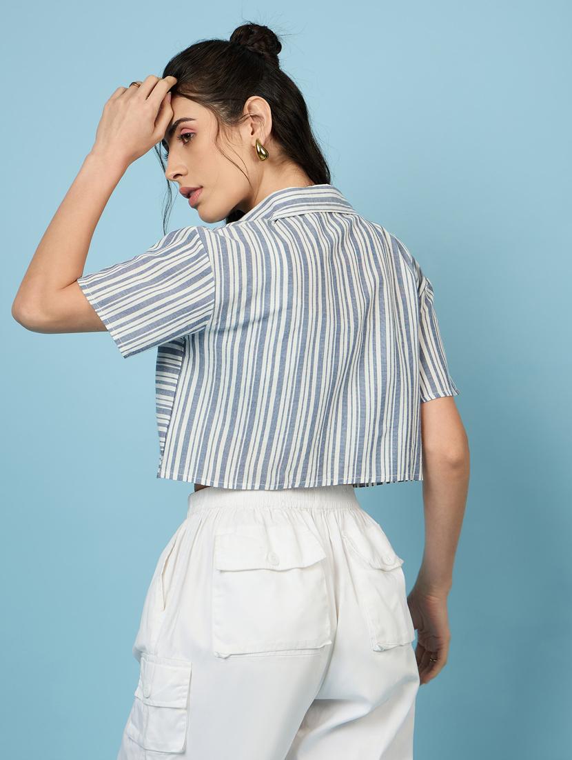 women blue stripes crop shirt - 21563504 - Standard Image - 3
