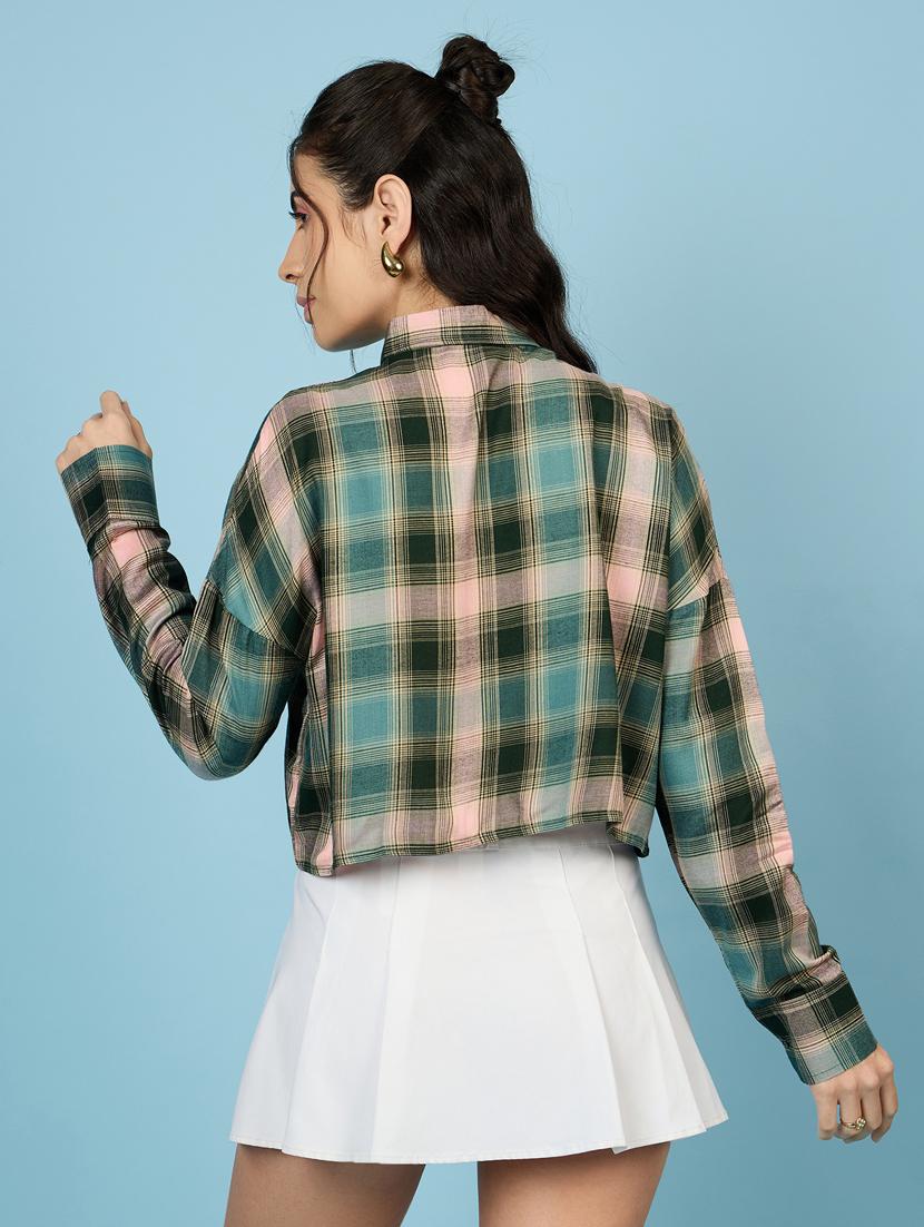 women green checks crop shirt - 21563505 - Standard Image - 3