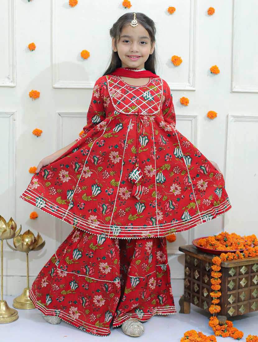Girls Floral Printed Kurta Sharara Set With Dupatta