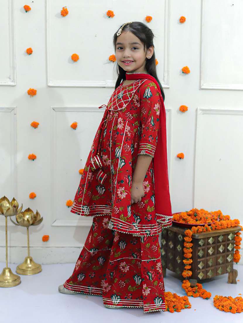 Girls Floral Printed Kurta Sharara Set With Dupatta