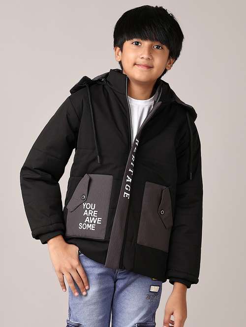 boys black solid long sleeve bomber hooded jacket - 21564140 -  Standard Image - 0