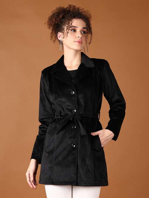women black solid full sleeve coat - 21564842 -  Standard Image - 0
