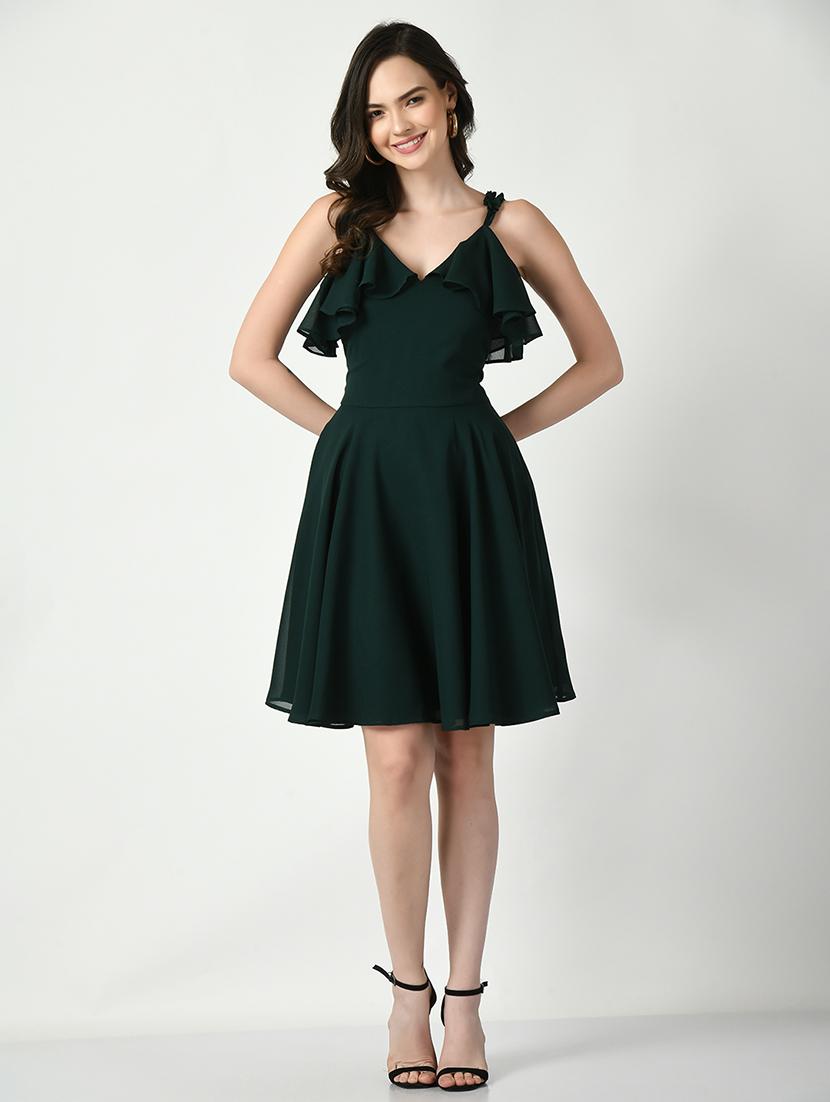 women dark green solid fit & flare dress - 21565343 -  Zoom Image - 0