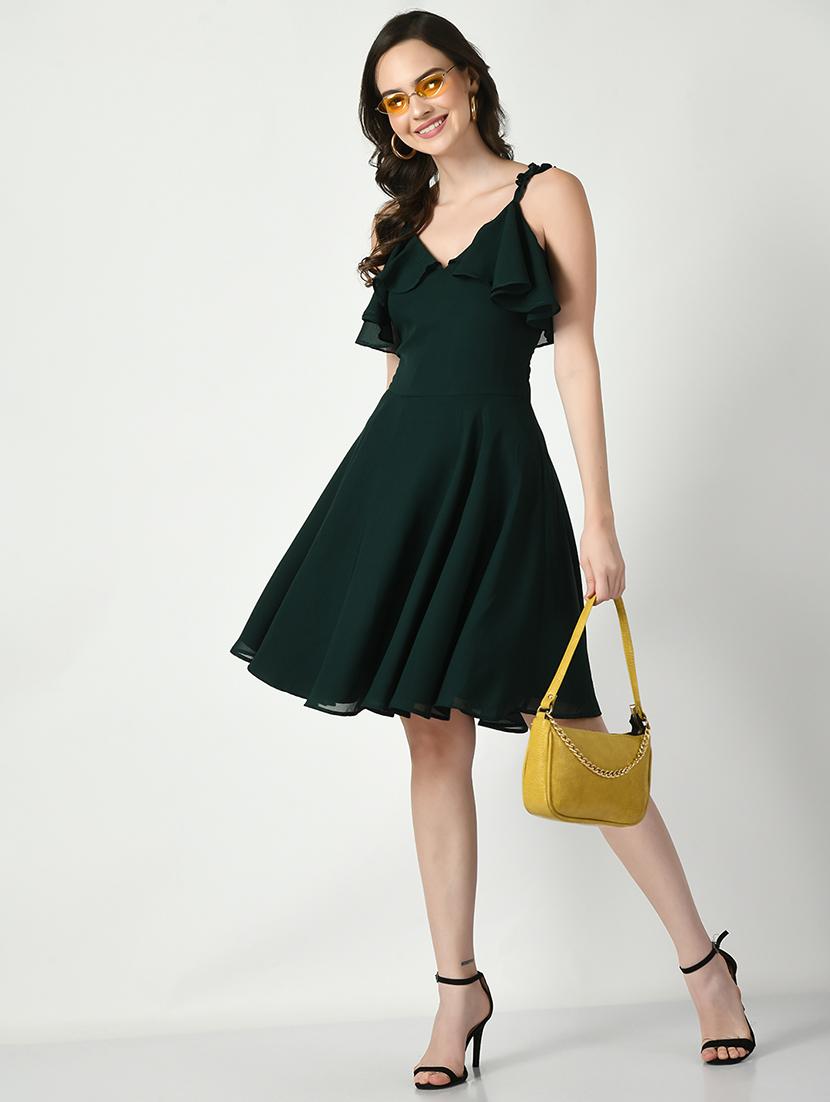women dark green solid fit & flare dress - 21565343 - Standard Image - 3