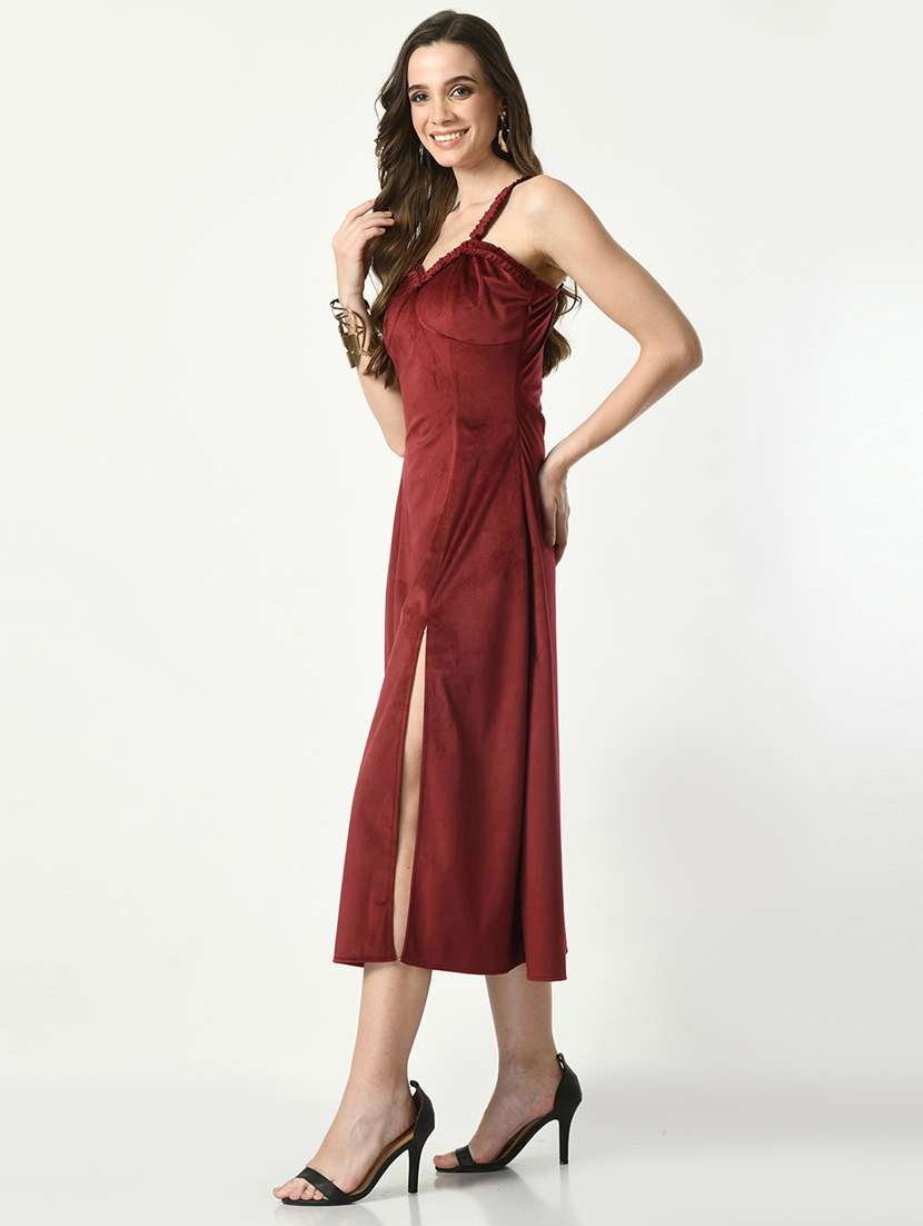 women solid velvet high slit dress - 21565399 - Standard Image - 3