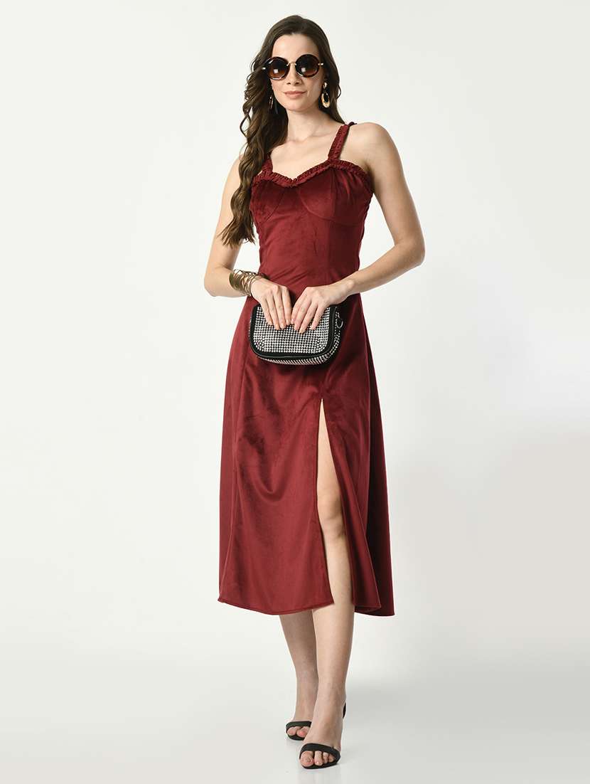 women solid velvet high slit dress - 21565399 - Standard Image - 5