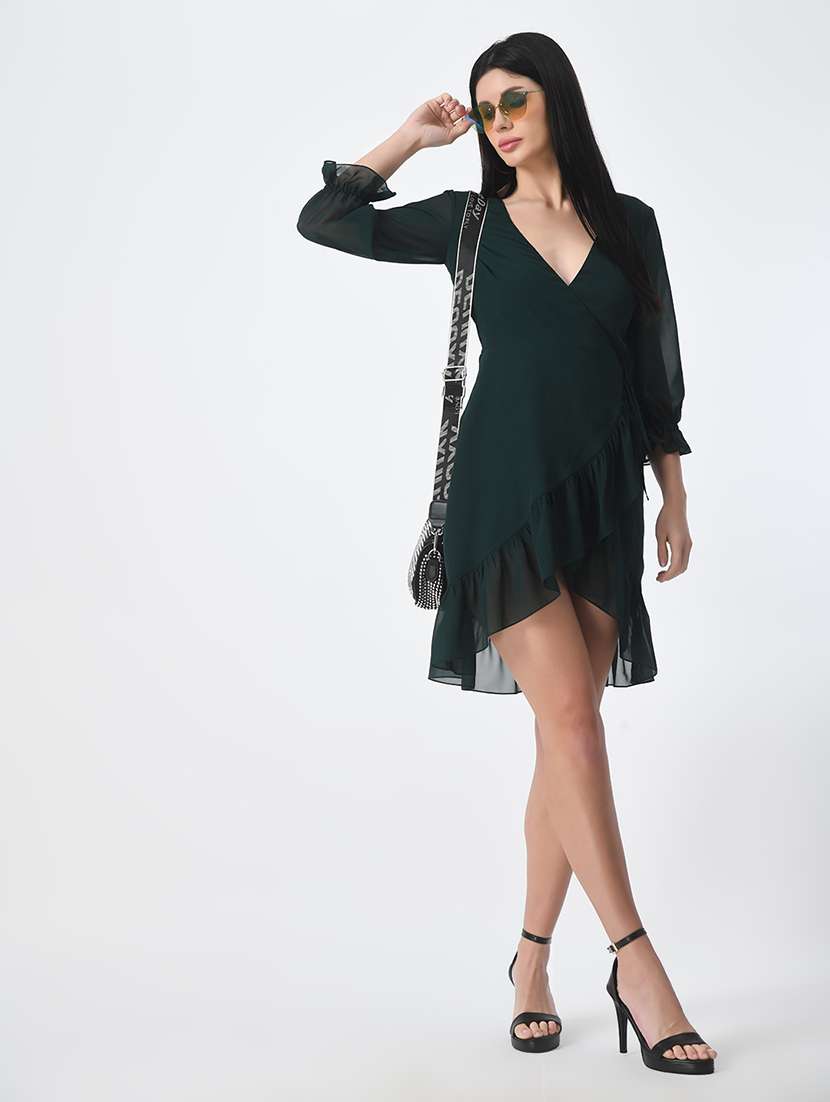 women dark green solid high-low dress - 21565440 - Standard Image - 3