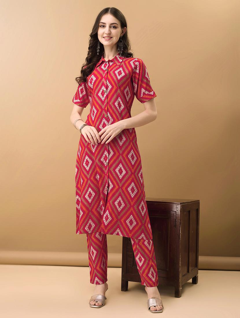 women printed short sleeves kurta pant set