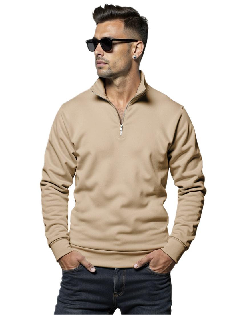 men solid long sleeve stand collar zip detailed sweatshirt