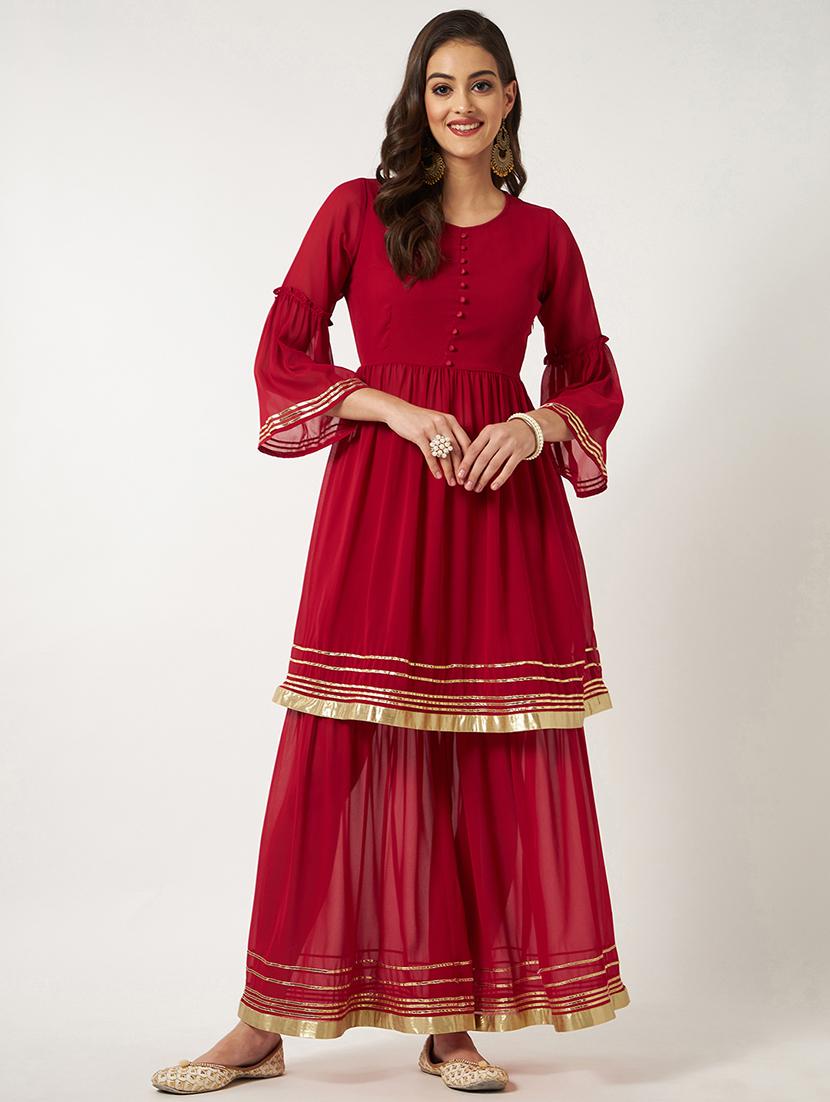 women red round neck kurta sharara set