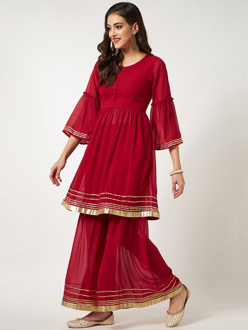 women red round neck kurta sharara set - 21567177 - Standard Image - 3