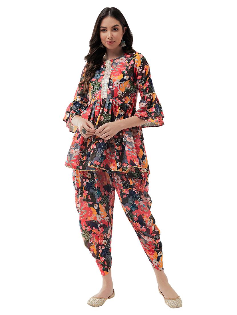 women floral round neck dhoti kurta set - 21567190 - Standard Image - 3