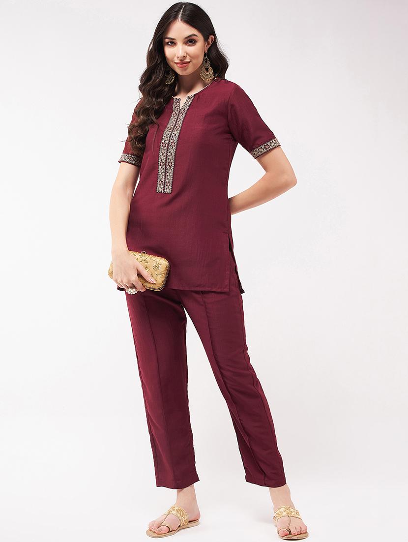 women solid short sleeve ethnic co-ord set - 21567198 - Standard Image - 3