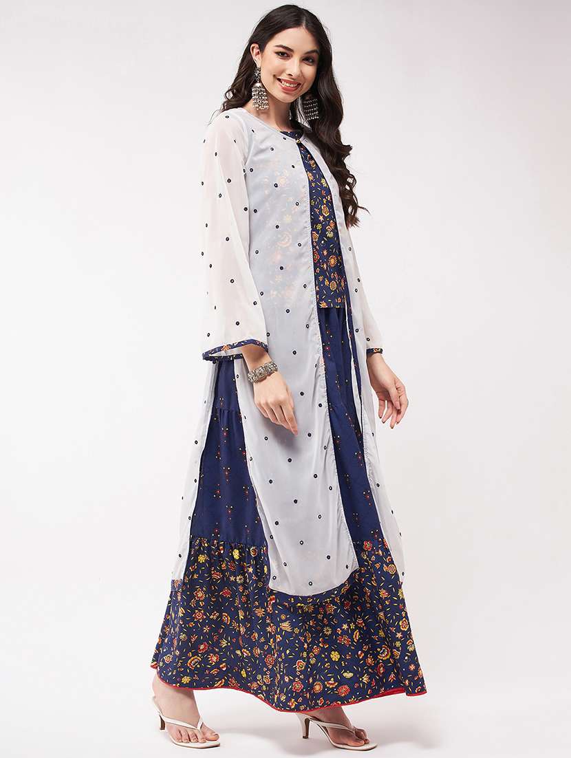 Women Floral Skirt Top Set With Long Shrug