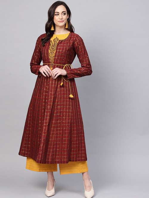 women maroon round neck kurta palazzo set - 21567227 -  Standard Image - 0