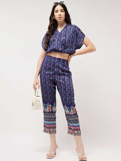 women blue printed v neck co-ord set - 21567263 -  Standard Image - 0