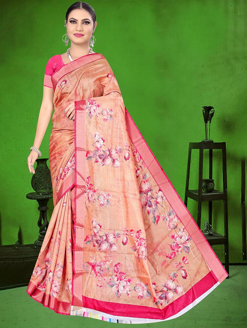 women orange floral printed saree