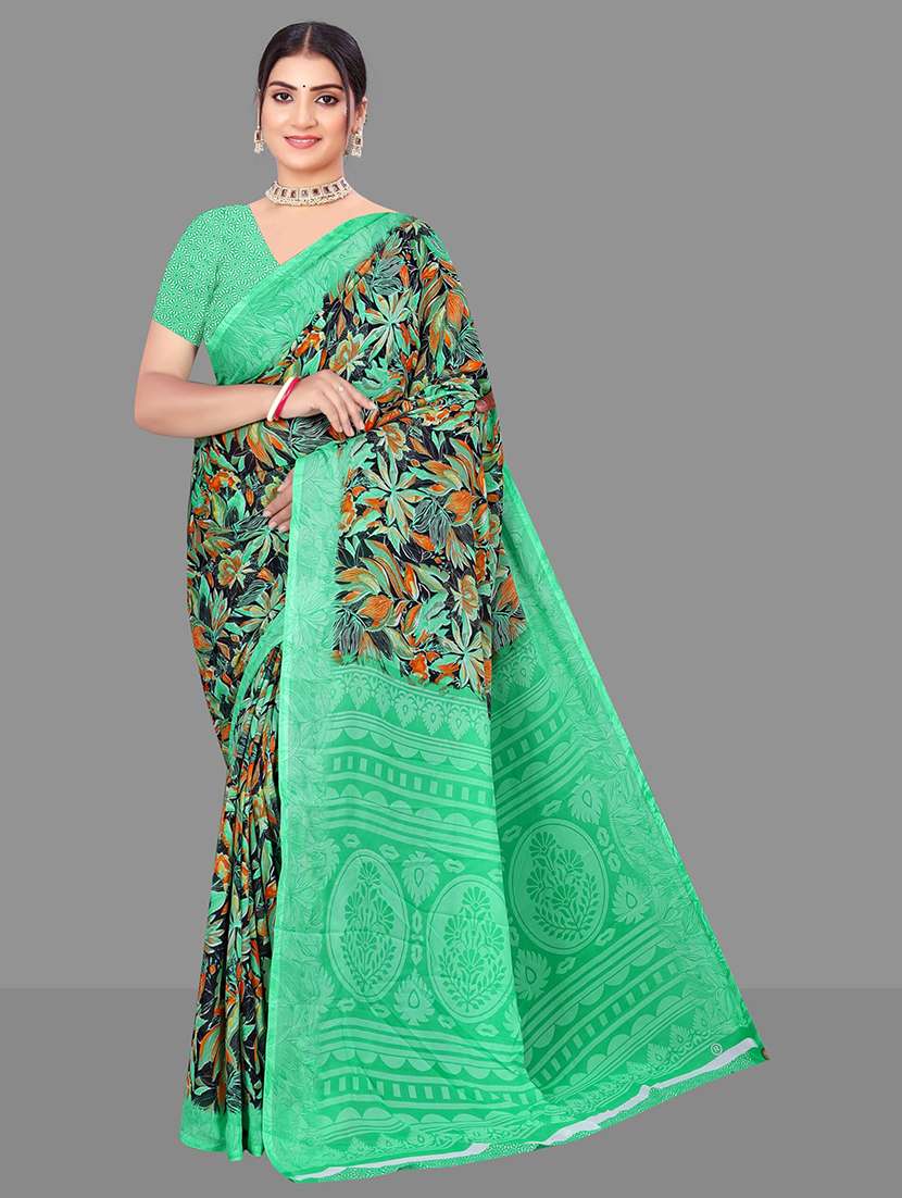 women leaf printed contrast pallu saree - 21567547 - Zoom Image - 0