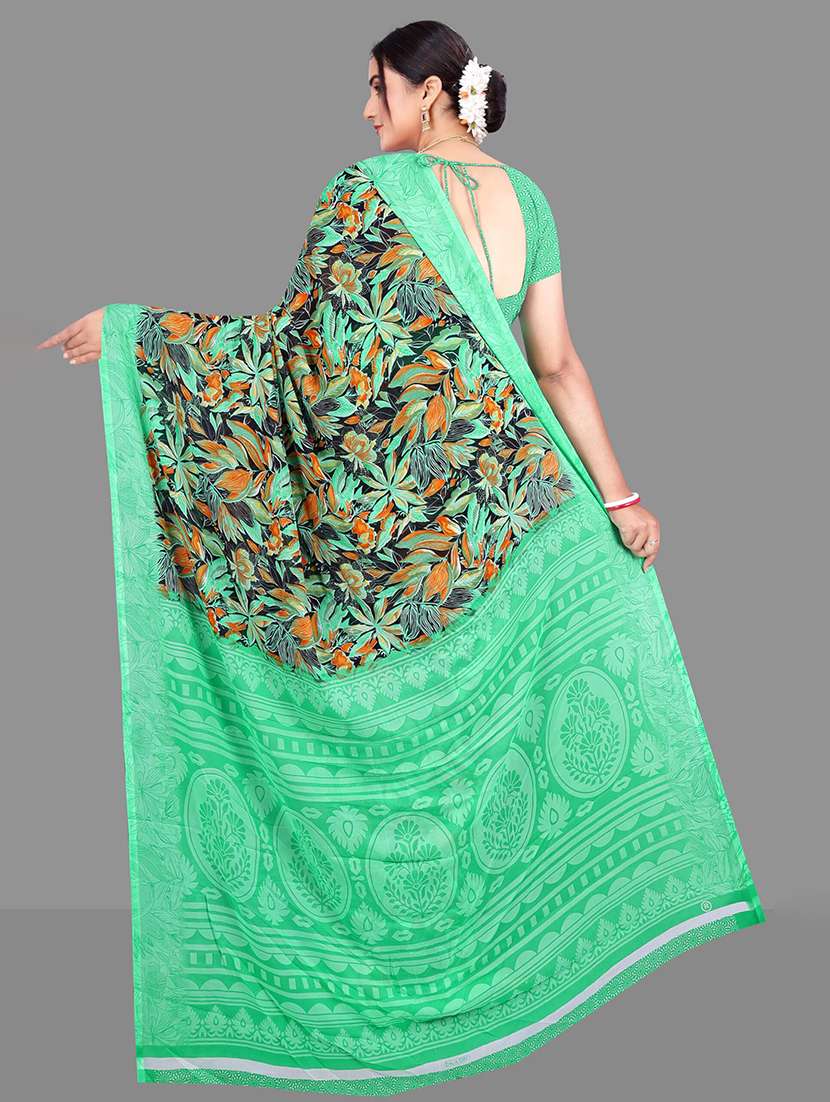 women leaf printed contrast pallu saree - 21567547 - Standard Image - 3