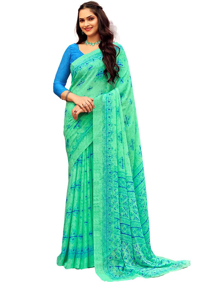 women sea green printed saree