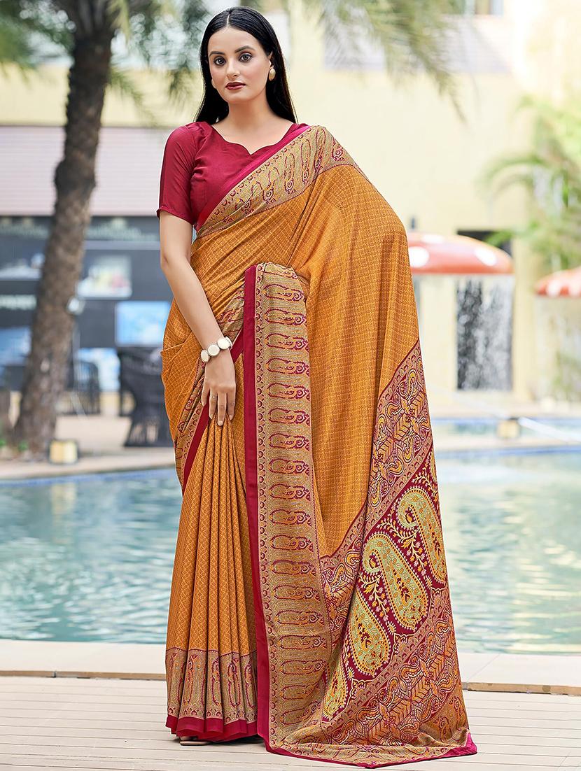 women mustard printed bordered saree - 21567782 - Zoom Image - 0