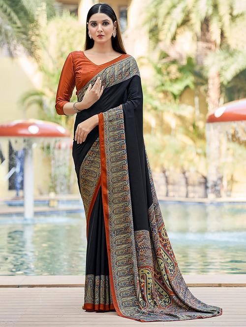 women black solid printed bordered saree - 21567783 - Standard Image - 0