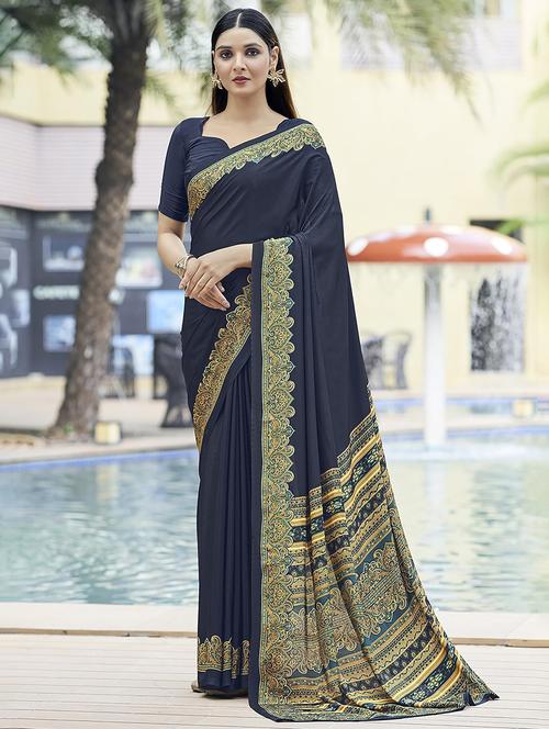 women blue solid bordered saree - 21567786 - Standard Image - 0