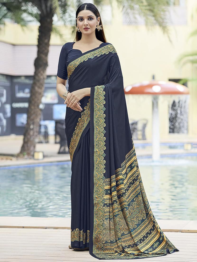 women blue solid bordered saree - 21567786 - Zoom Image - 0