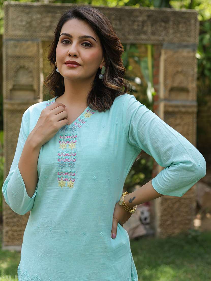 women turquoise embroidered co-ord set - 21567813 -  Standard Image - 5