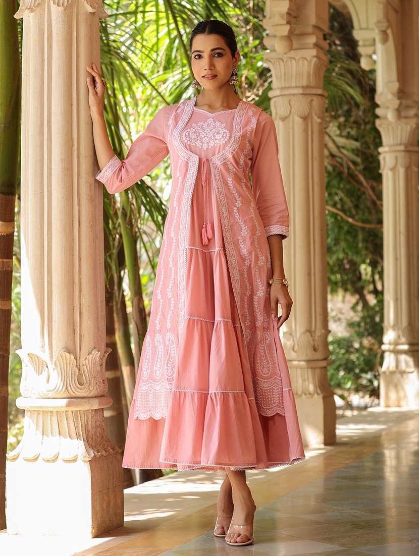 women peach embroidered tiered ethnic dress - 21567850 -  Standard Image - 3