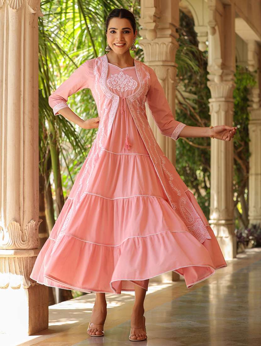 women peach embroidered tiered ethnic dress - 21567850 -  Standard Image - 5