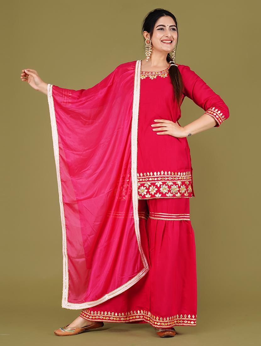 women solid kurta sharara set with dupatta