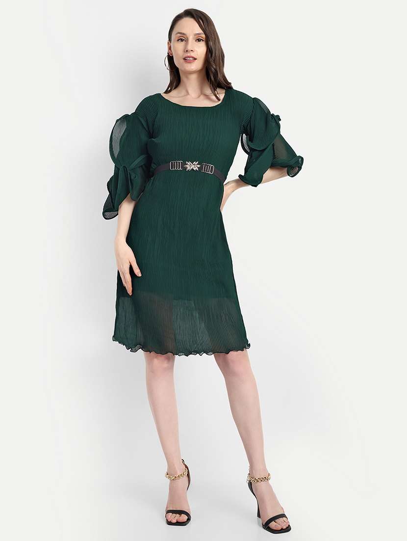 women green solid round neck a-line dress - 21568386 -  Zoom Image - 0