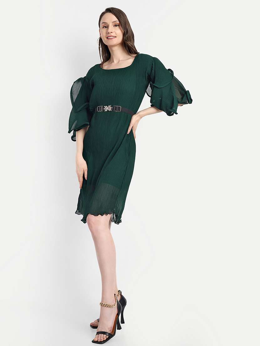 women green solid round neck a-line dress - 21568386 - Standard Image - 3