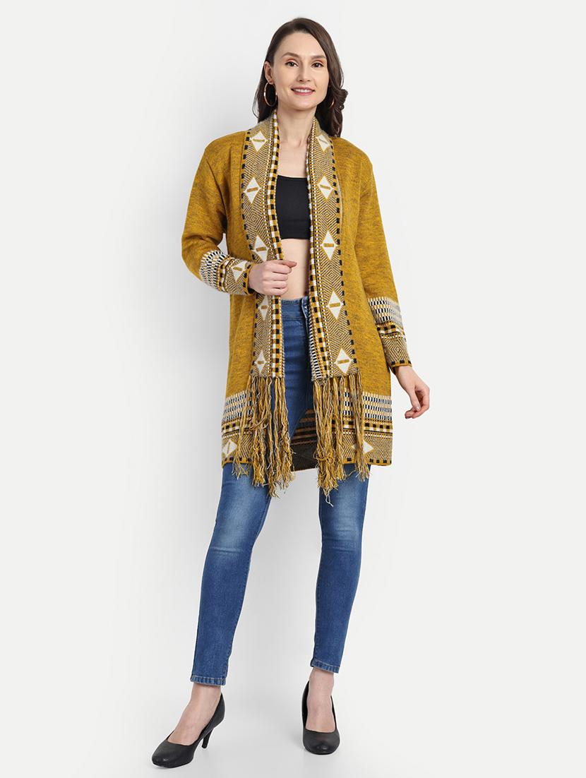 women mustard self design long sleeve shrug
