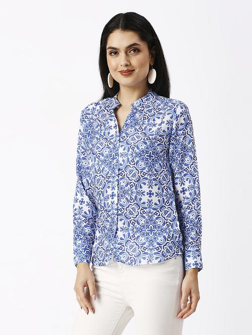 women printed mandarin neck puff sleeve shirt - 21569573 - Standard Image - 0