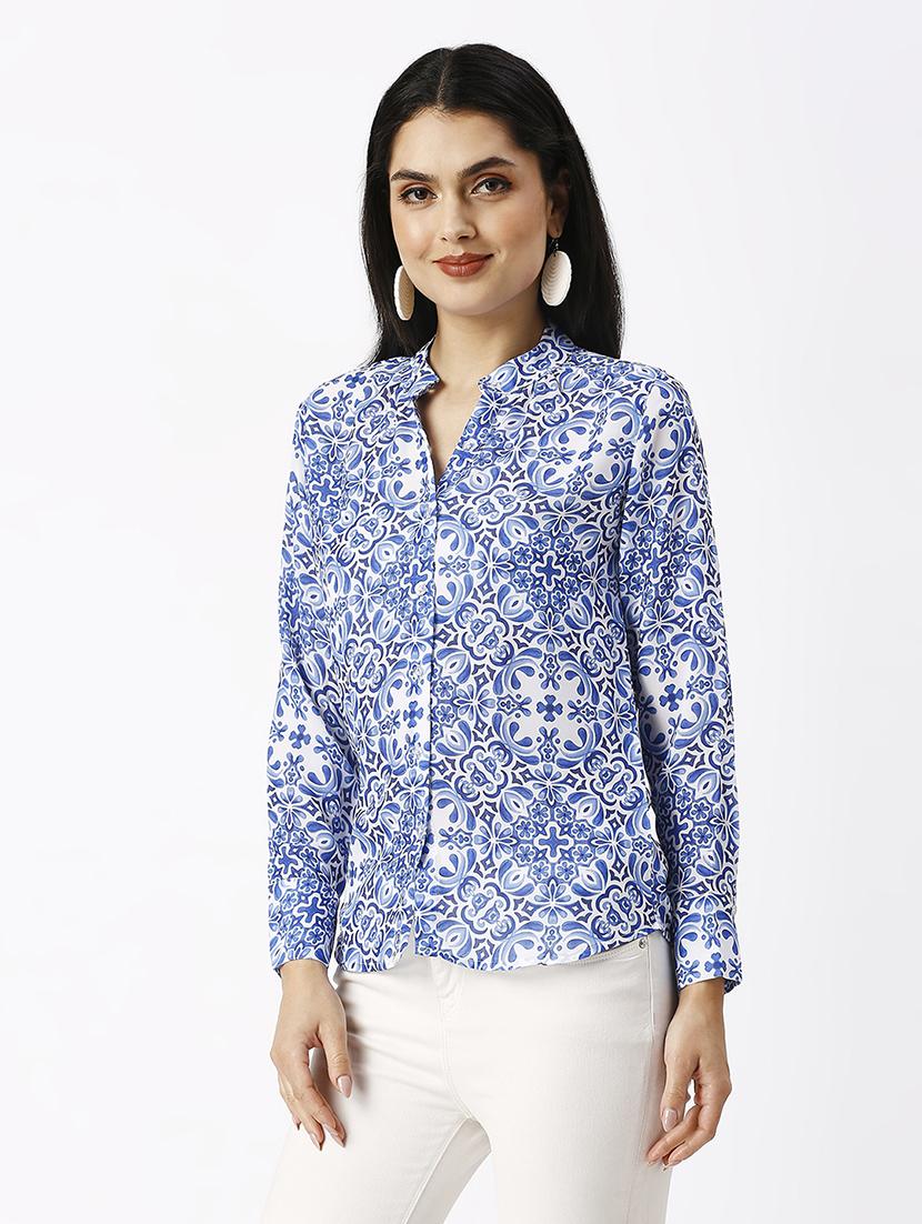 women printed mandarin neck puff sleeve shirt